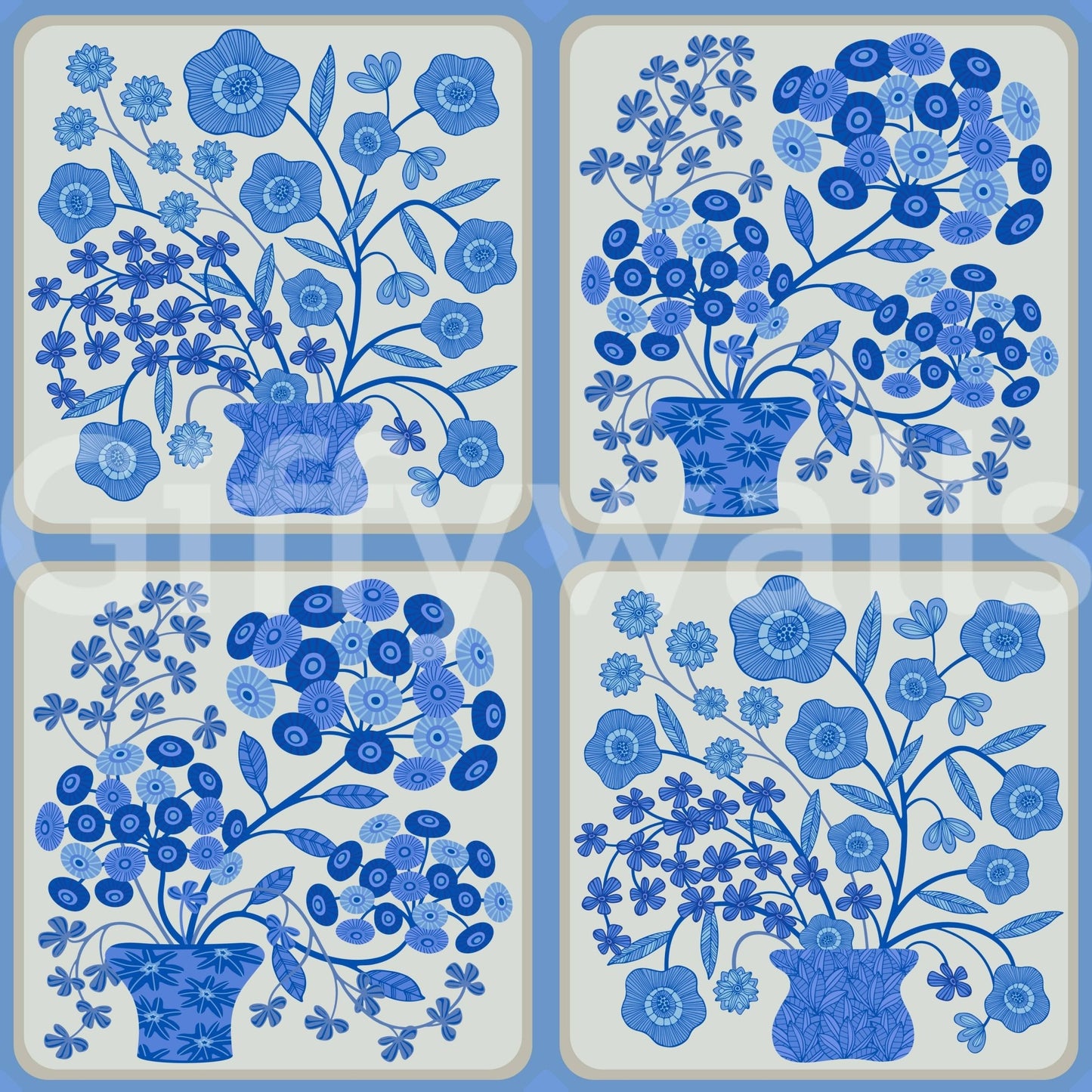 Floral tile pattern wallpaper for bedroom accent wall, light blue bouquets and stems