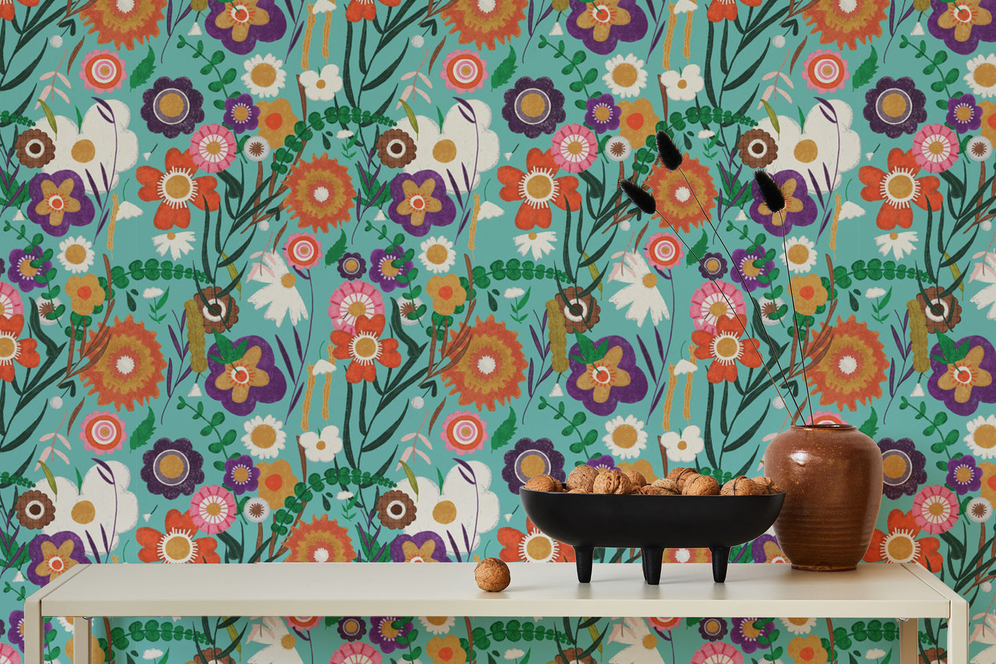Nature-inspired wallpaper with folk patterns