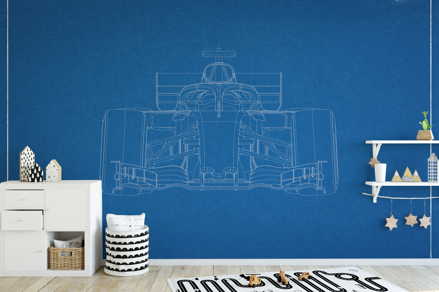 Racing car mural in classic blueprint wall design