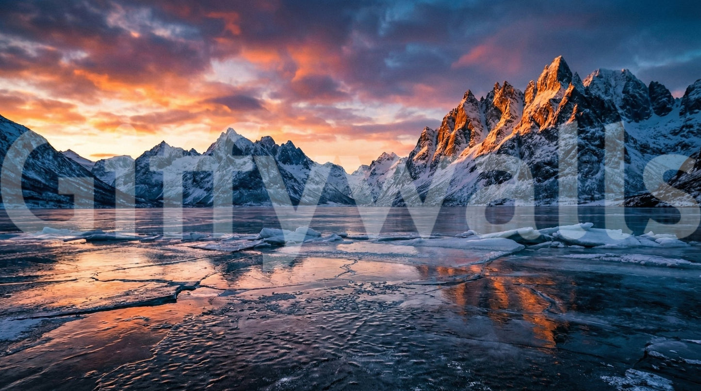 Frozen Peaks, Fiery Skies Wall Mural