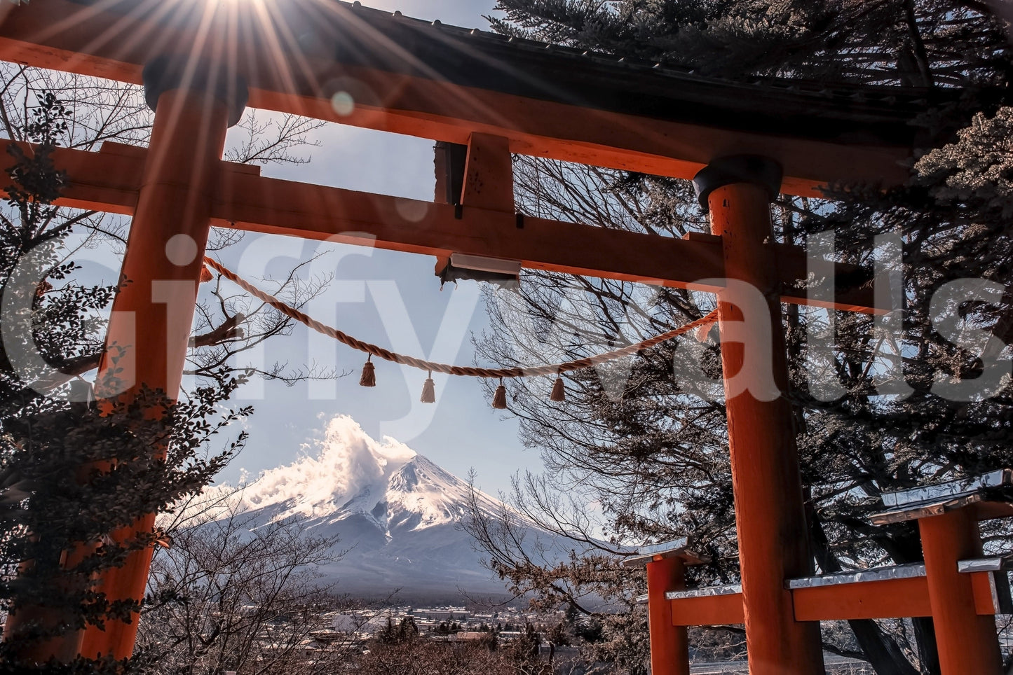 Dramatic Fuji Gate Sunbeams covering, perfect vista captured within a gate.