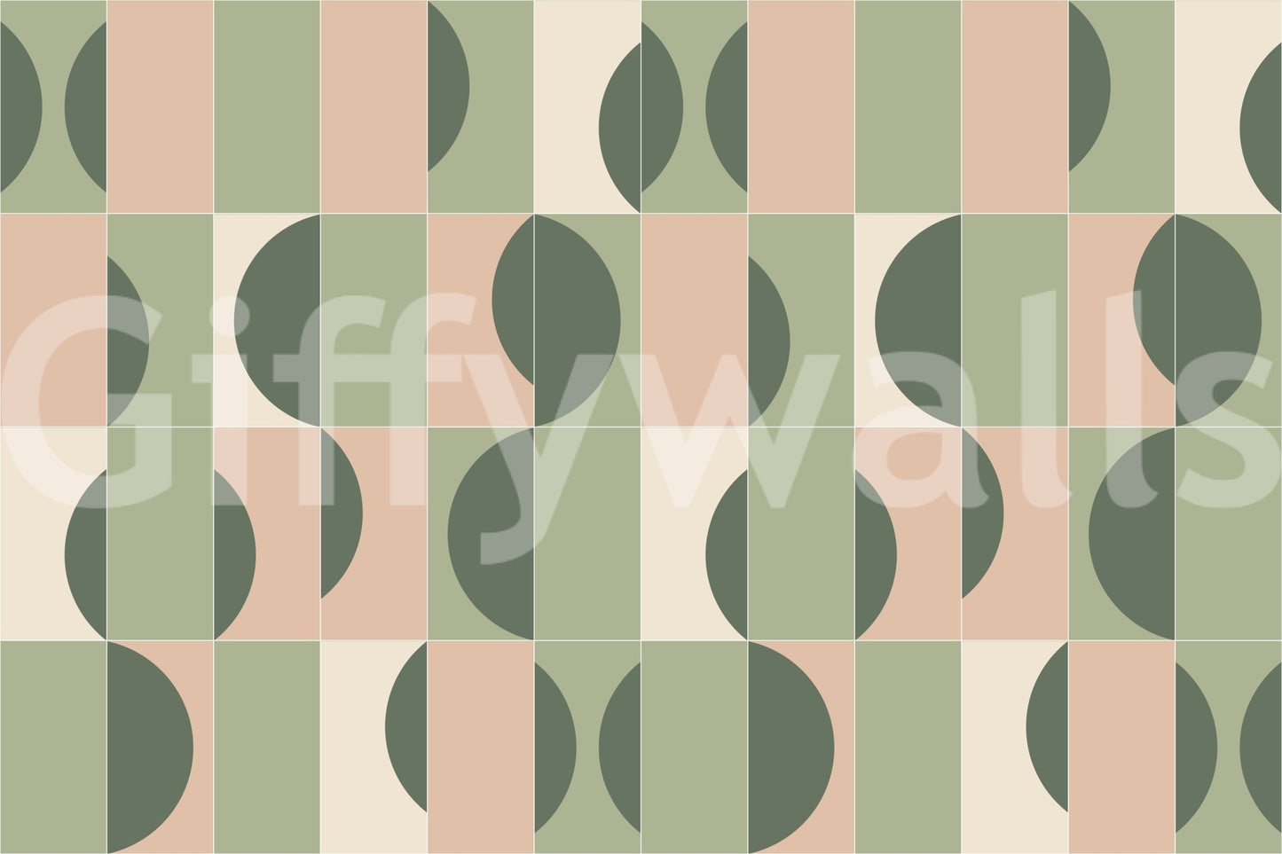Garden Tiles 02 wallpaper mural close-up showing sage green, blush and cream half-circle and square tile pattern