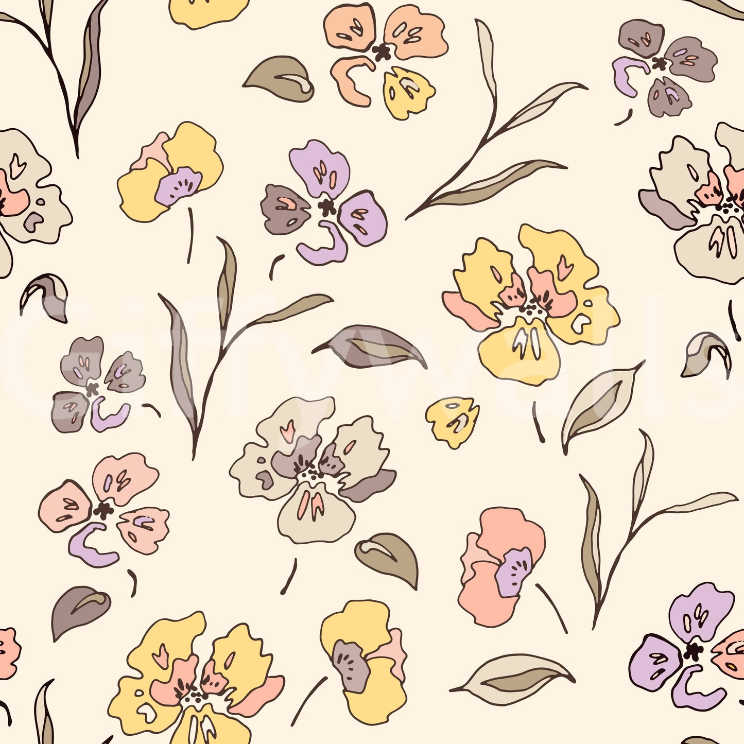 Warm beige wallpaper with colorful flower sketches.