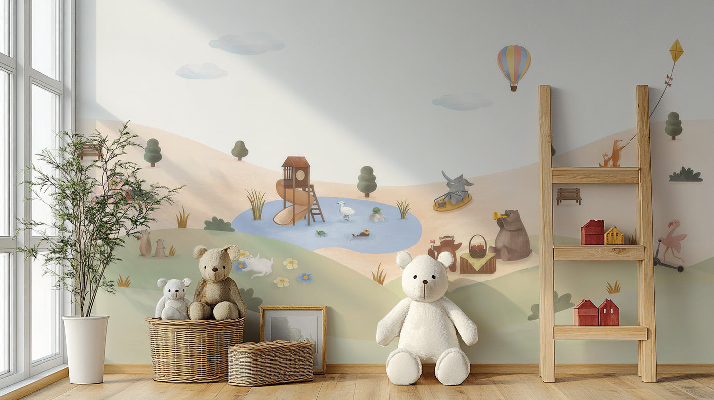 Joyful animal picnic wallpaper design