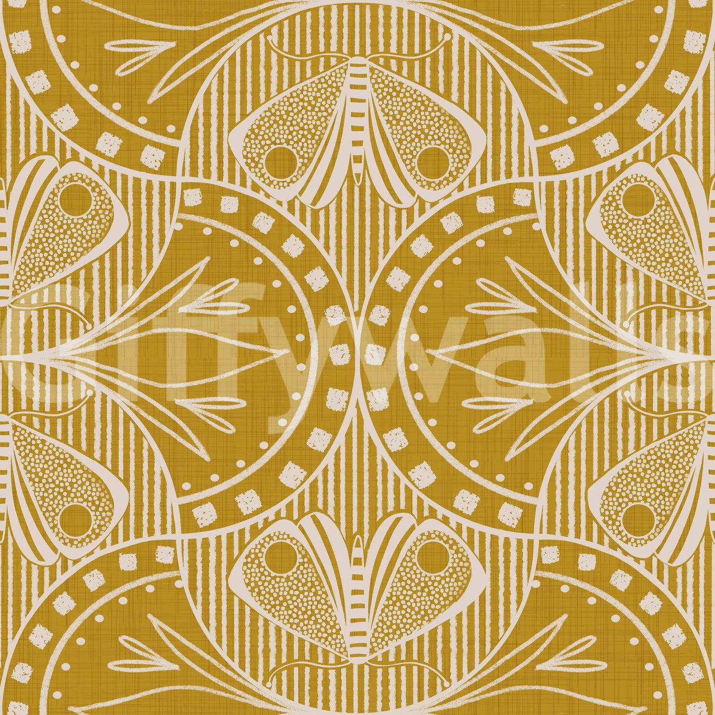 Classic period wallpaper for walls, gentle curving shapes, elaborate yellow tone.
