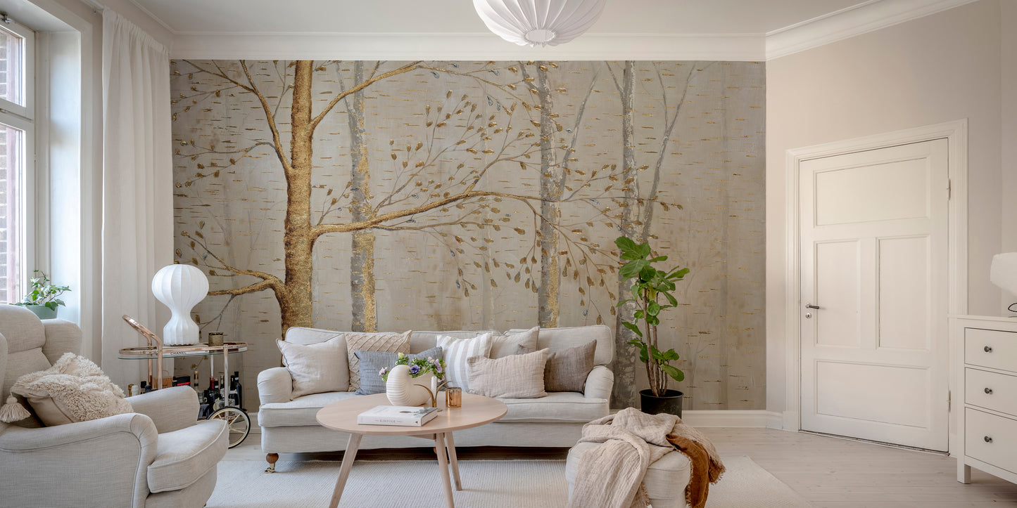Gold Background Green Leaves wallpaper mural close-up showing the pattern detail and texture
