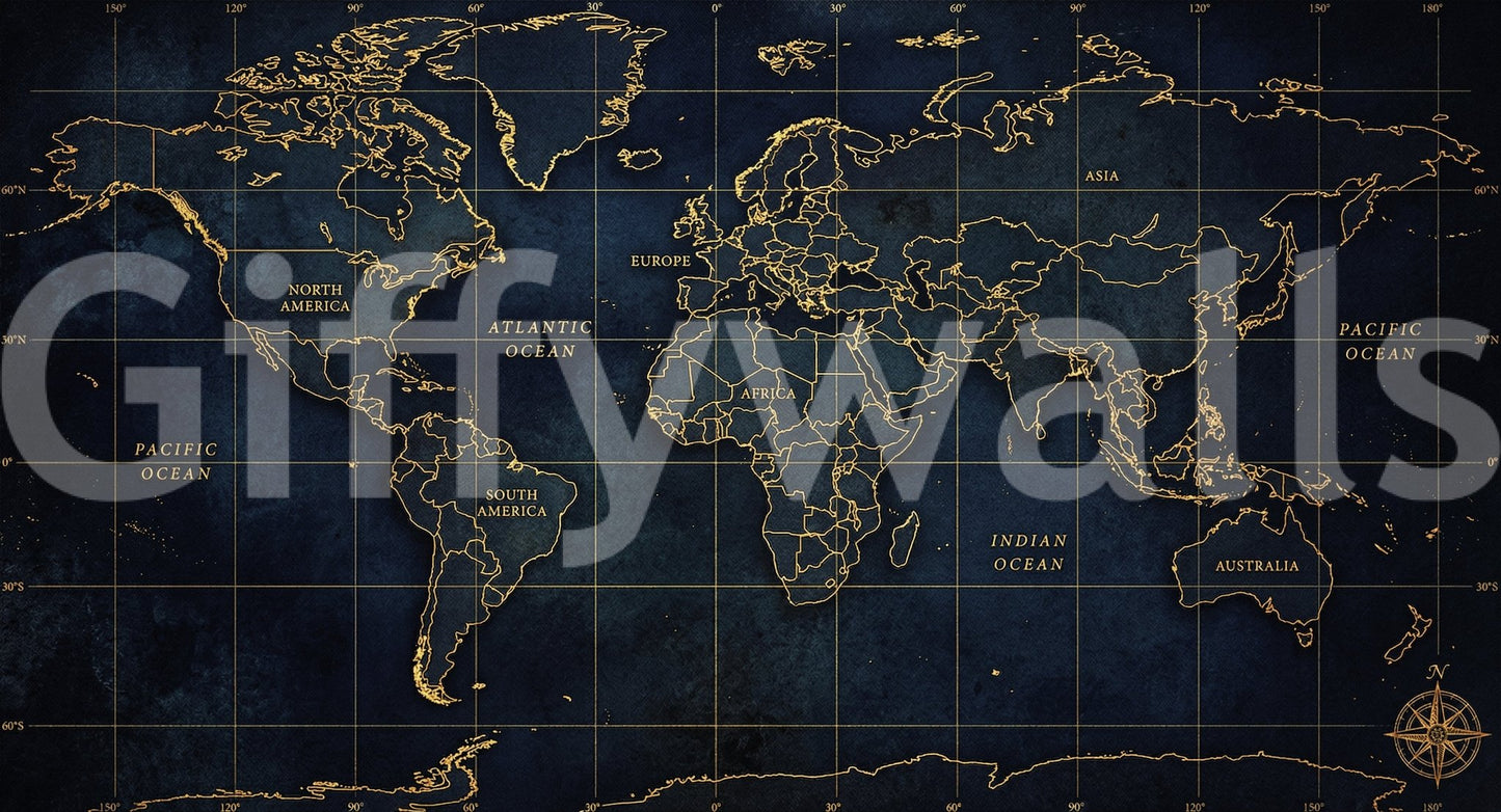 Golden atlas wall mural with world map and coordinate grid