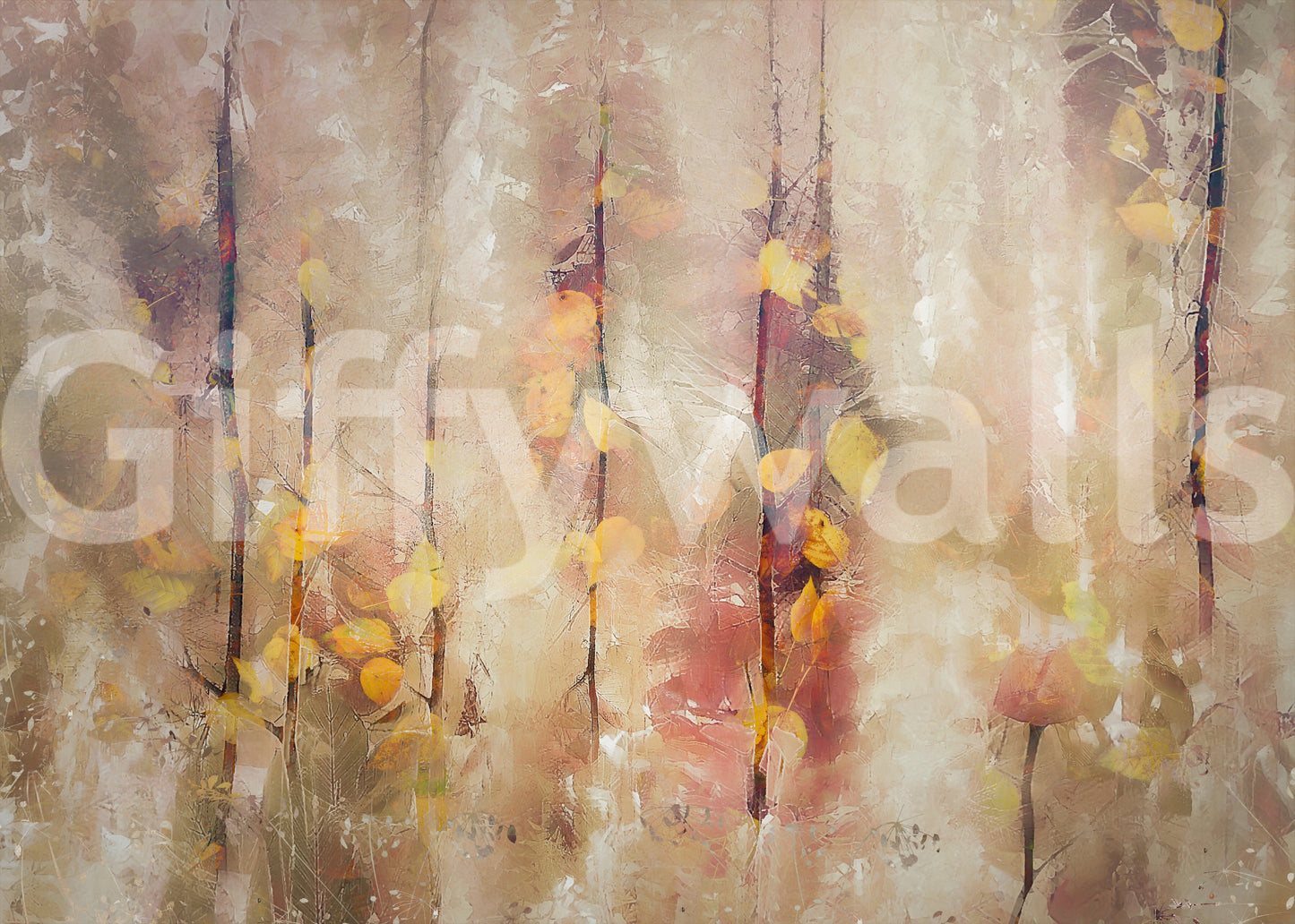 Golden Grove wallpaper mural close-up showing the painterly autumn trees and golden leaf pattern detail