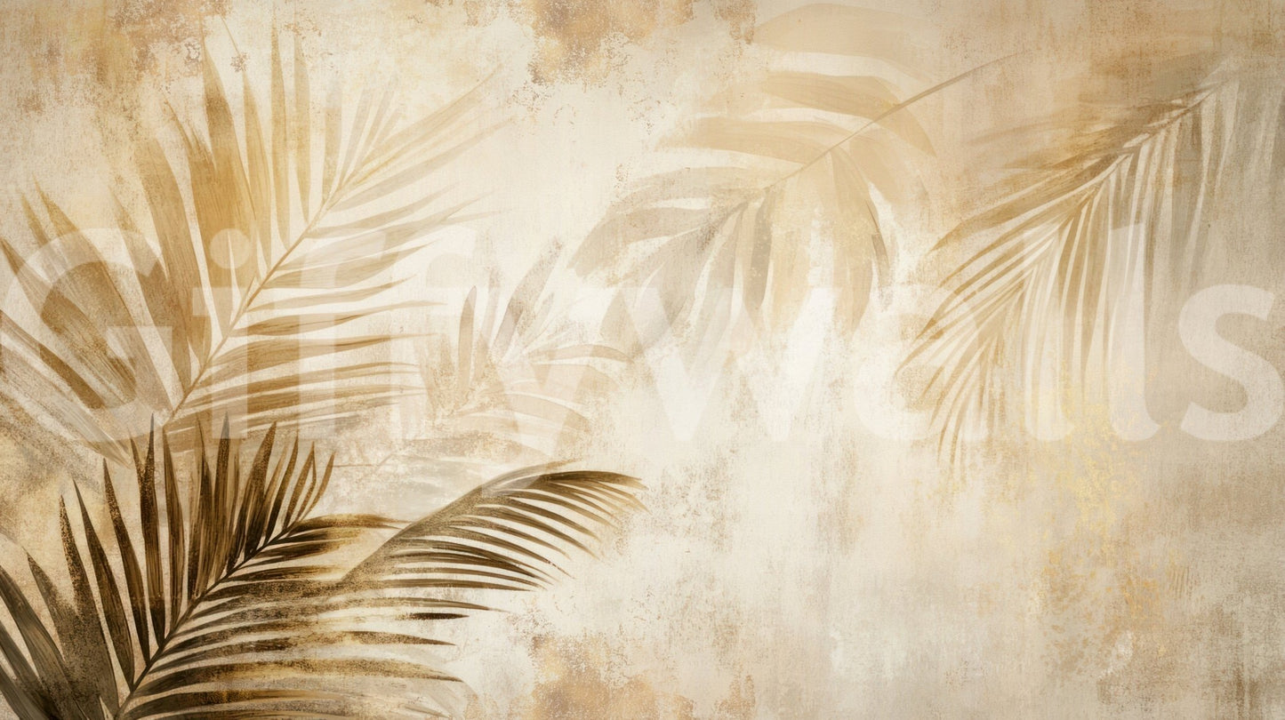A neutral artistic wallpaper with golden palm leaves creating a soft, dreamy tropical effect.