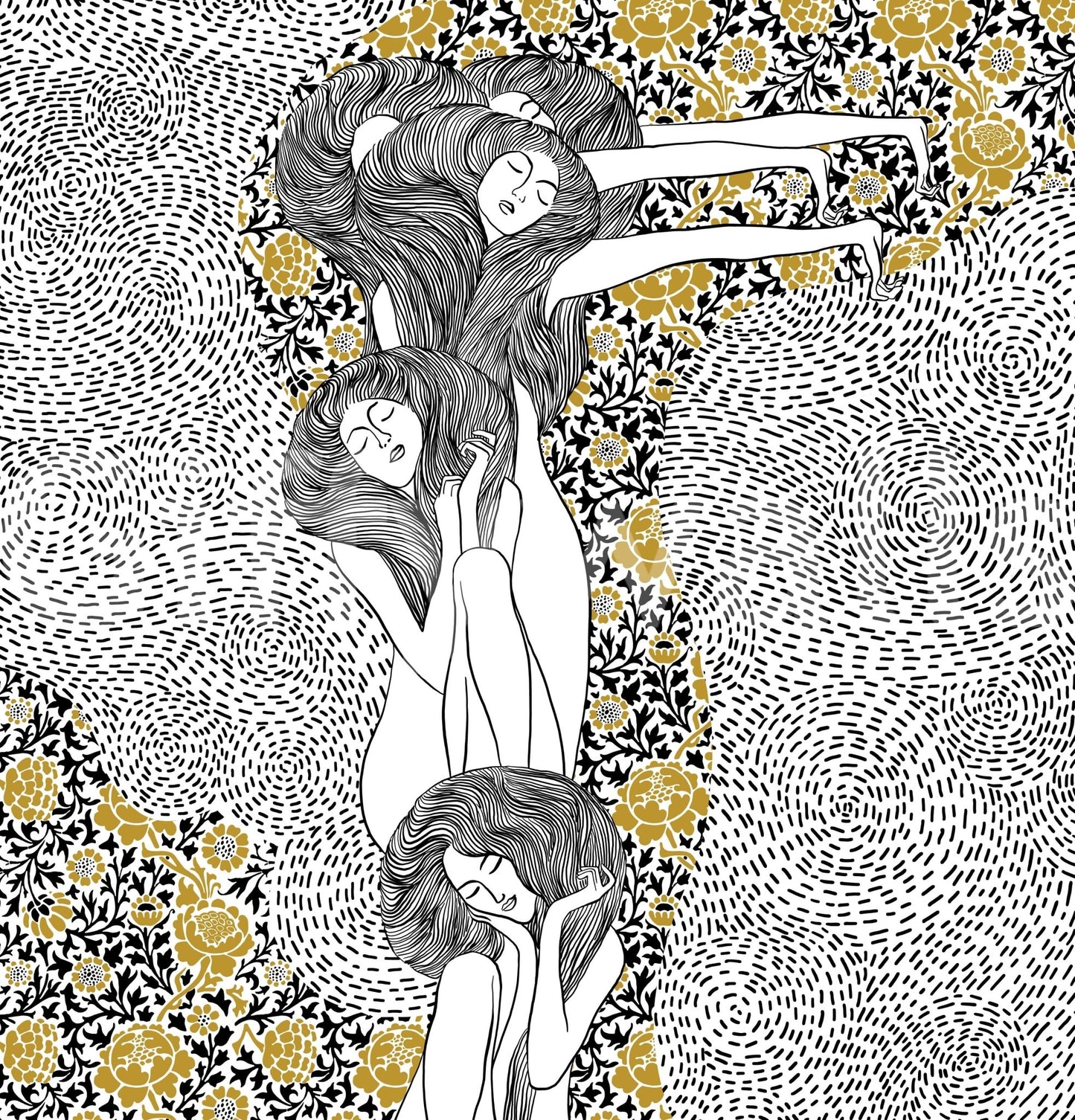 Golden Reverie wallpaper mural close-up showing three dreaming women in line art with gold roses