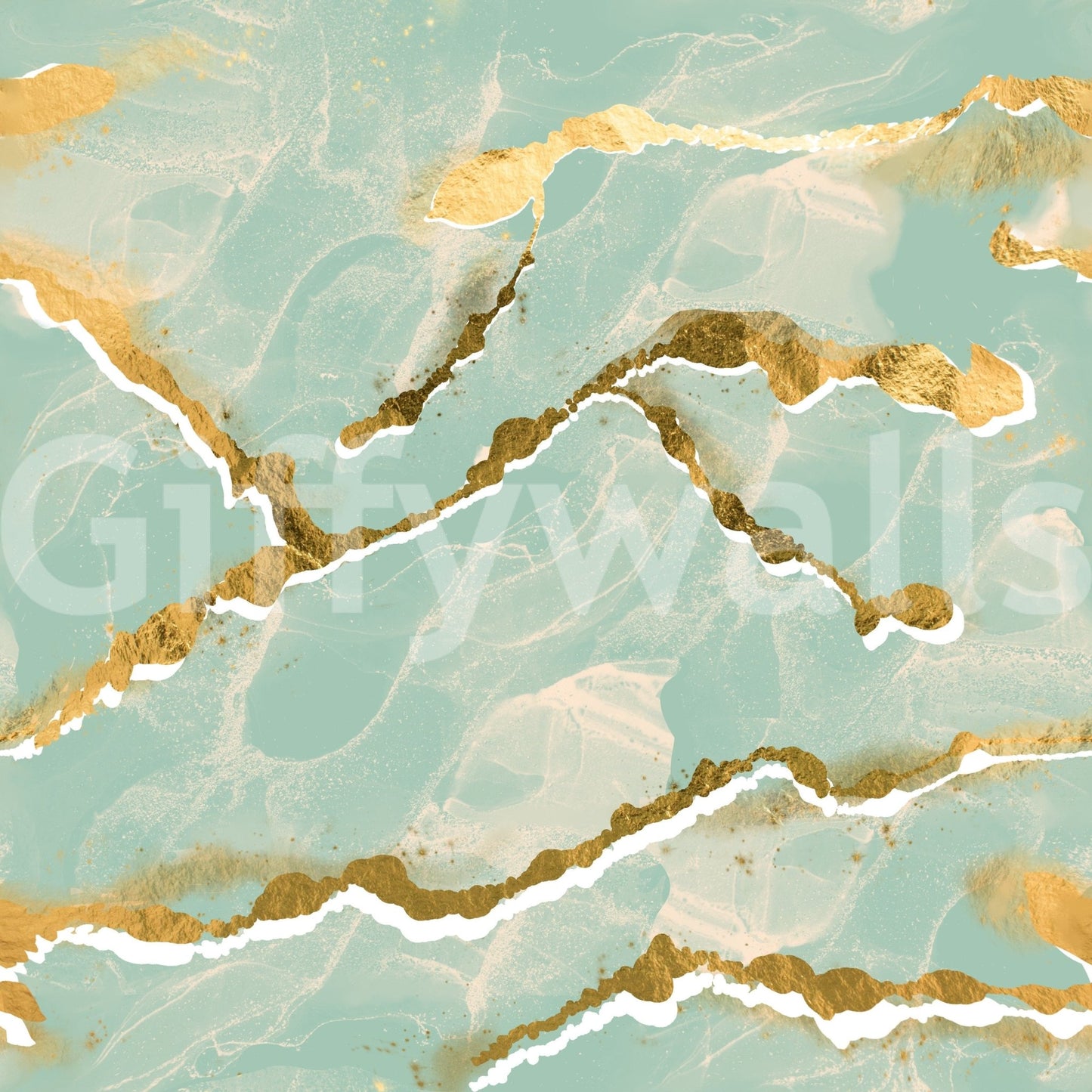 Golden Veins Mint Whisper Marble wallpaper mural close-up showing soft mint green marble with gold veins and white lines