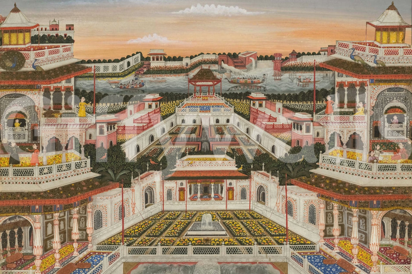 Scenic palace courtyard wall mural with royal garden symmetry