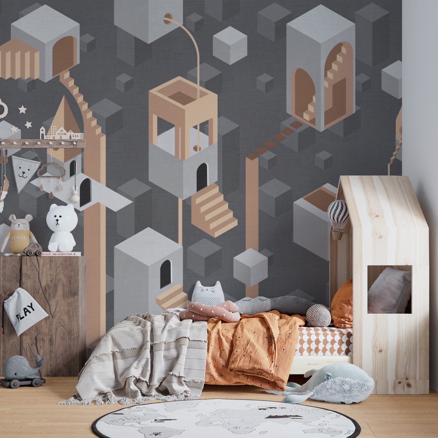Artistic Gray Surreal Geometric Architecture Wallpaper with Shapes