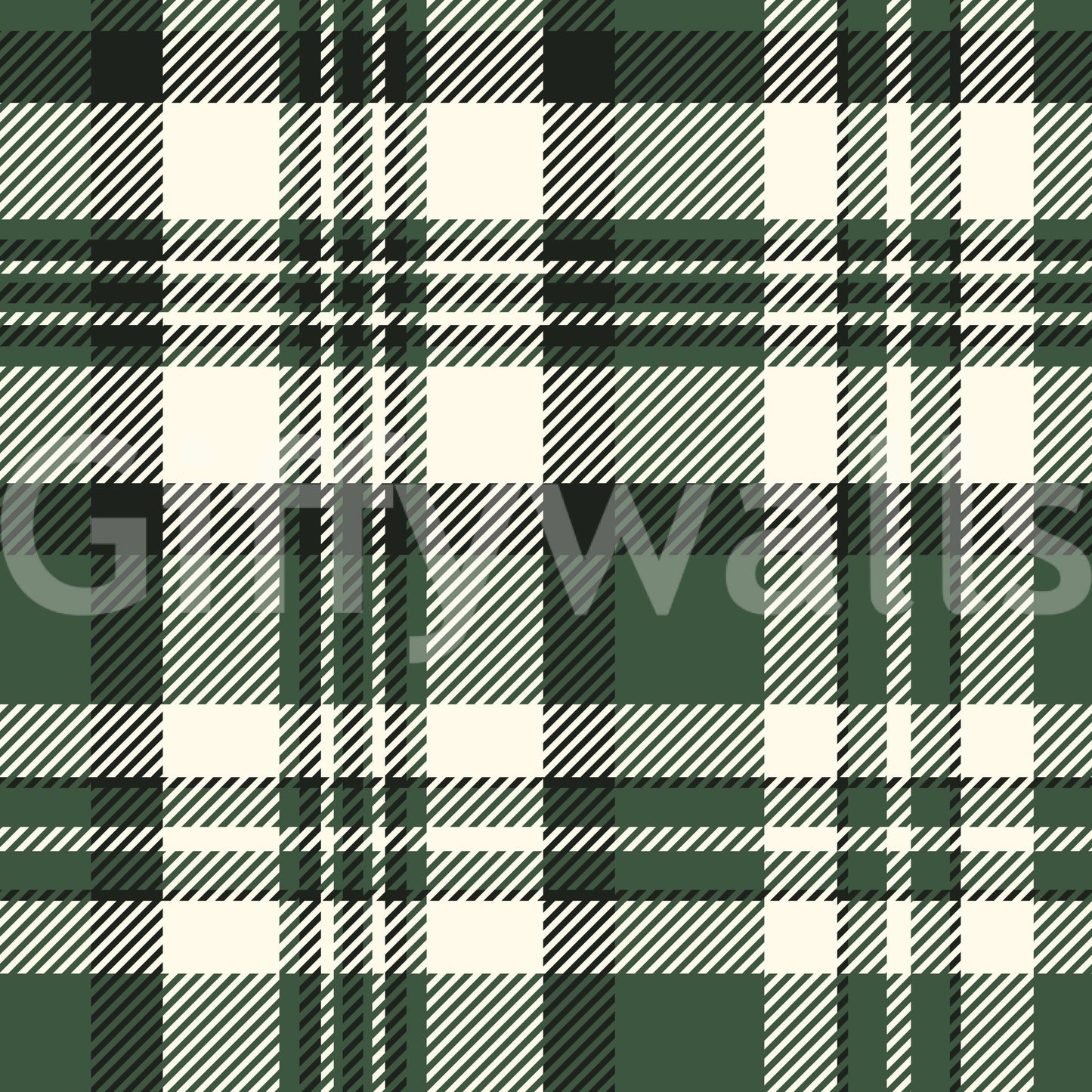 Modern Green Plaid wallpaper close-up showing a dark green, cream and black tartan check pattern