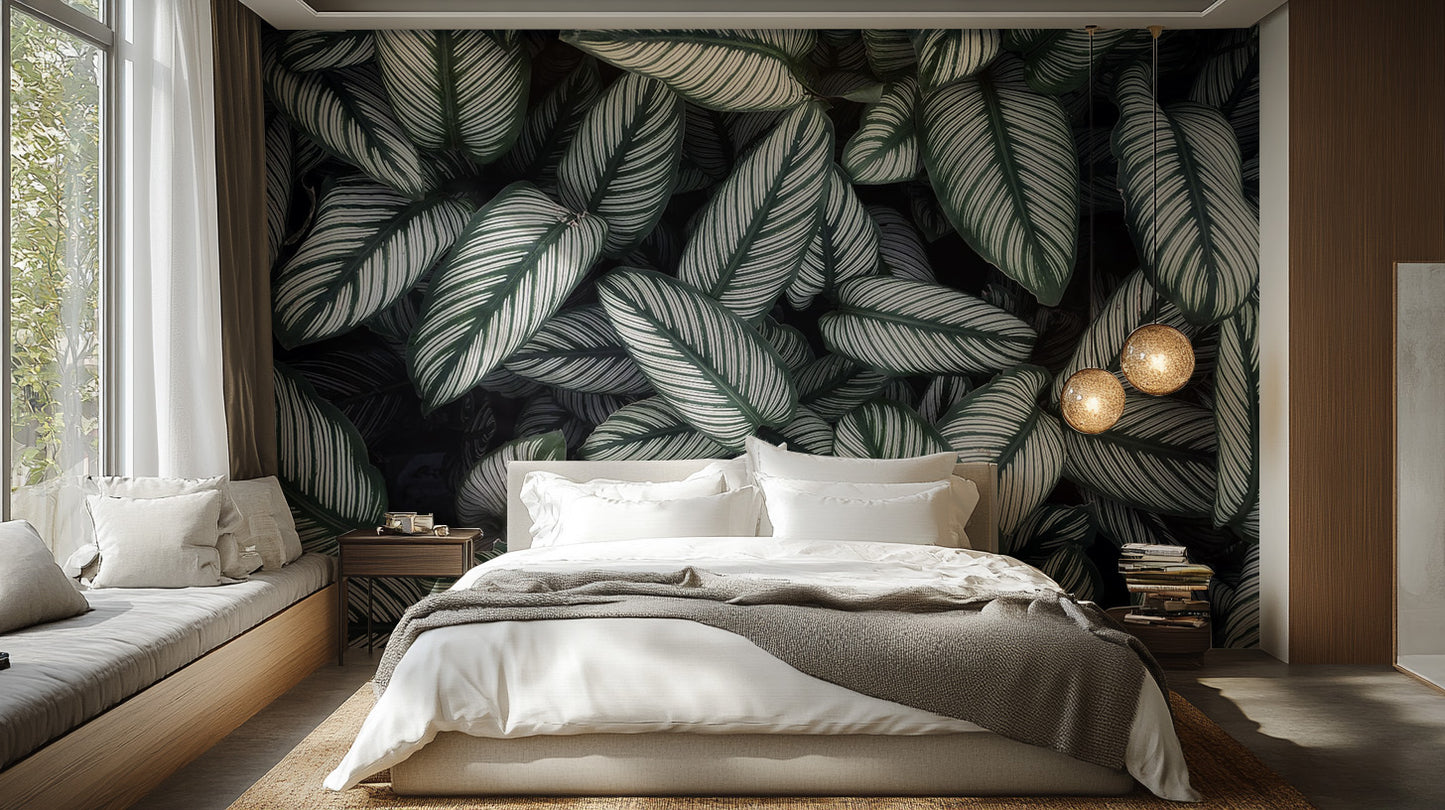 Green White Leaves wallpaper mural styled along a hallway feature wall near a console in green tones