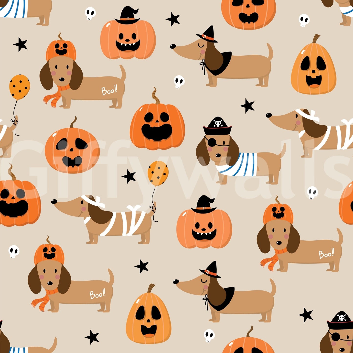 Halloween Doggies pumpkin print wall mural.