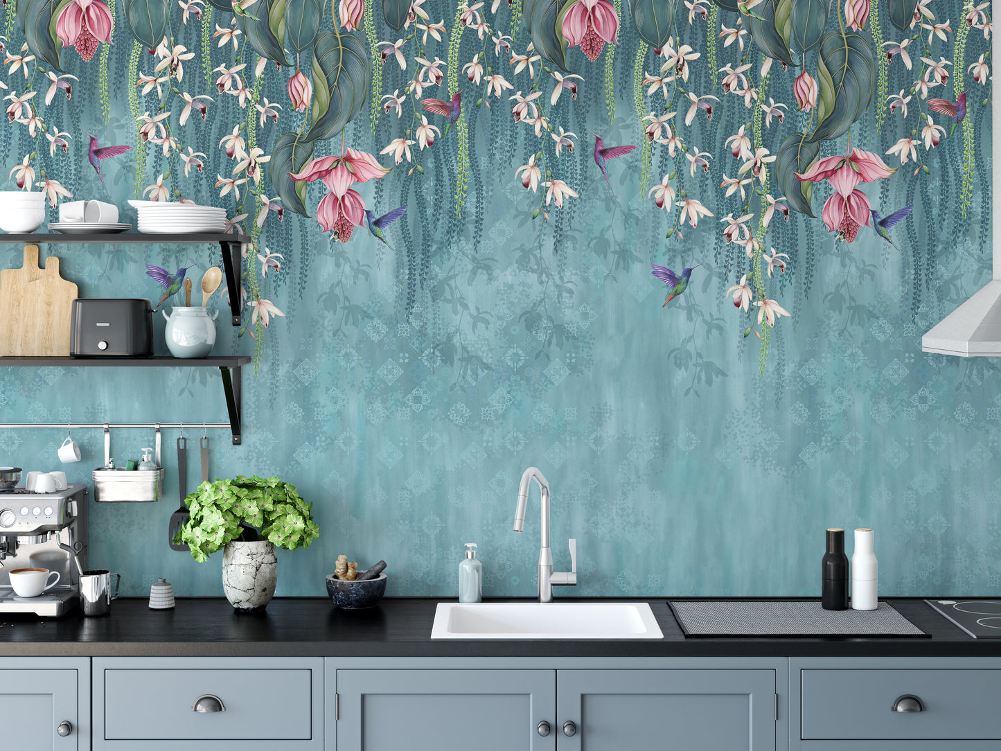 Turquoise Wallpaper with Pink Flower