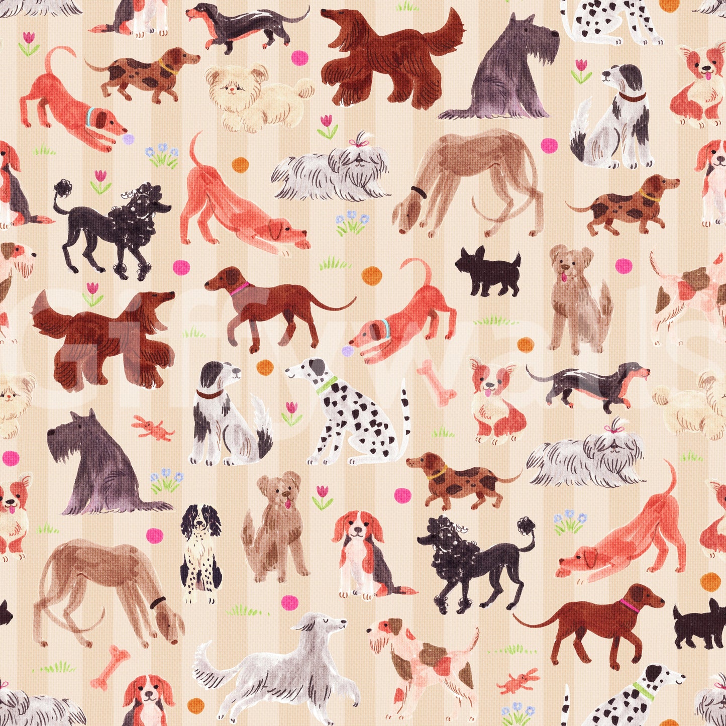 Happy Hounds Dog Doodles wallpaper close-up showing the pattern detail of spaniels, dachshunds and poodles on cream stripes
