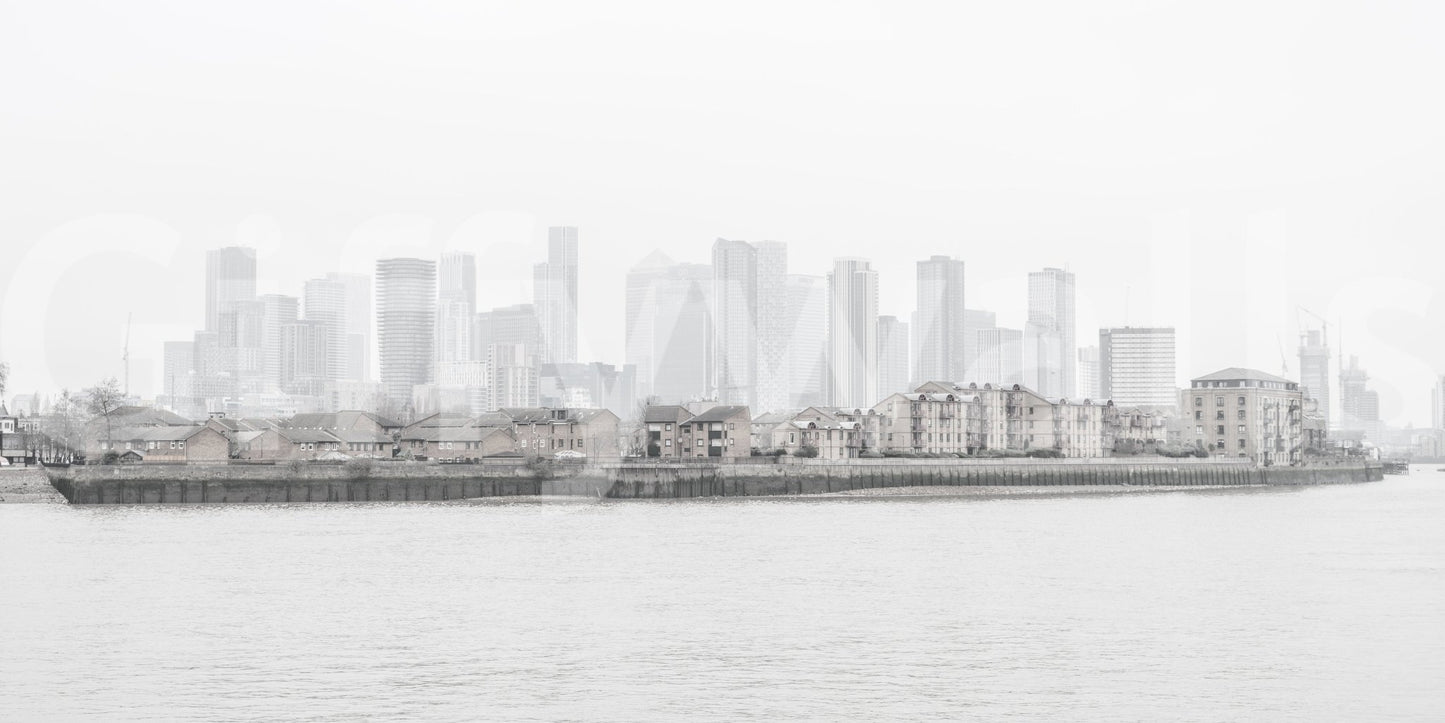 Captures the essence of a city enveloped in a soft, atmospheric haze.