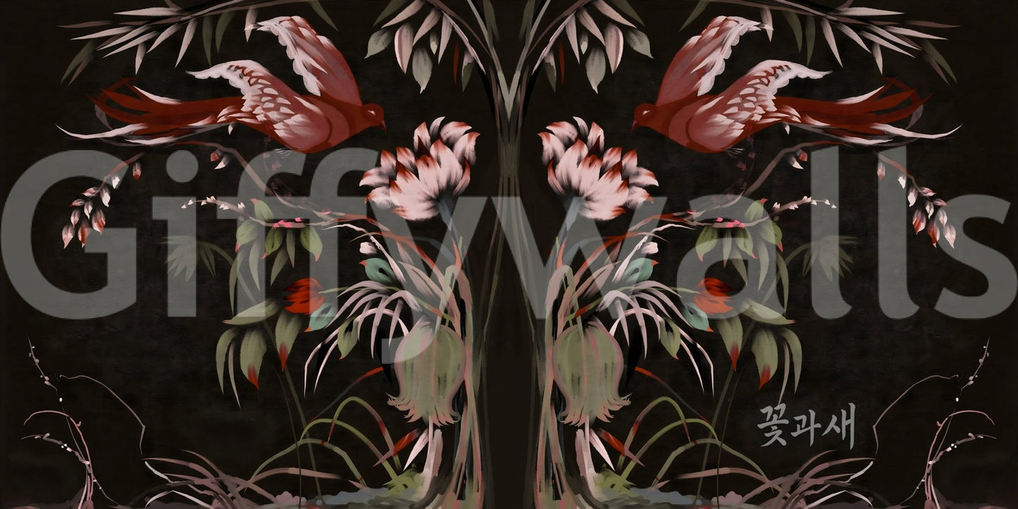 Elegant bird mural for a powder room wall, subtle pattern and soft color
