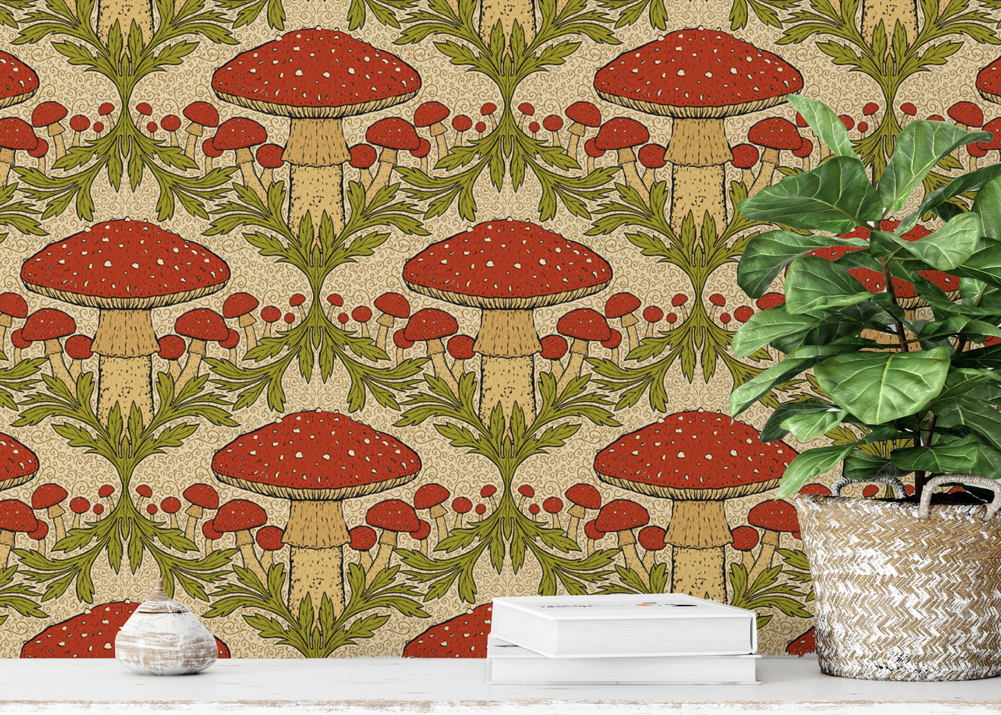 Nature-inspired heritage mushroom red wallpaper for rustic spaces.