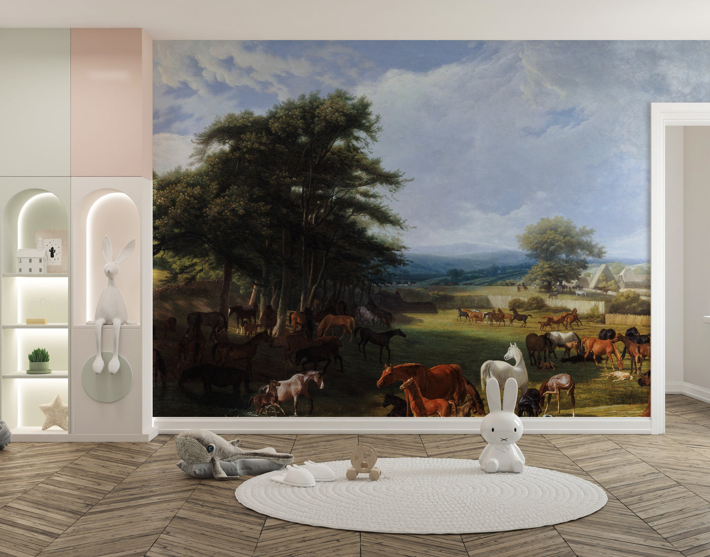 Horse Meadow wallpaper mural with grazing horses and a white horse behind bunny decor and a round rug in a playroom