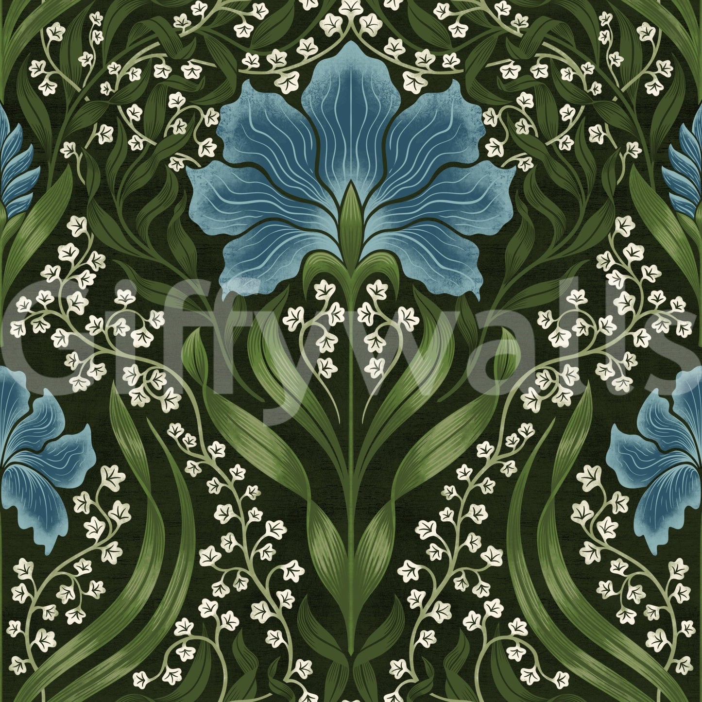 Intricate floral damask - blue Wallpaper