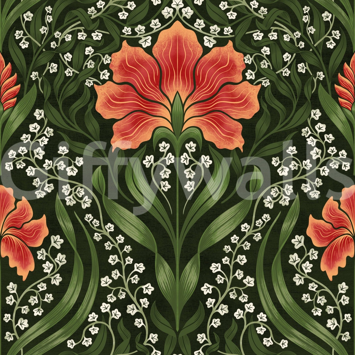 Intricate floral damask - red Wallpaper