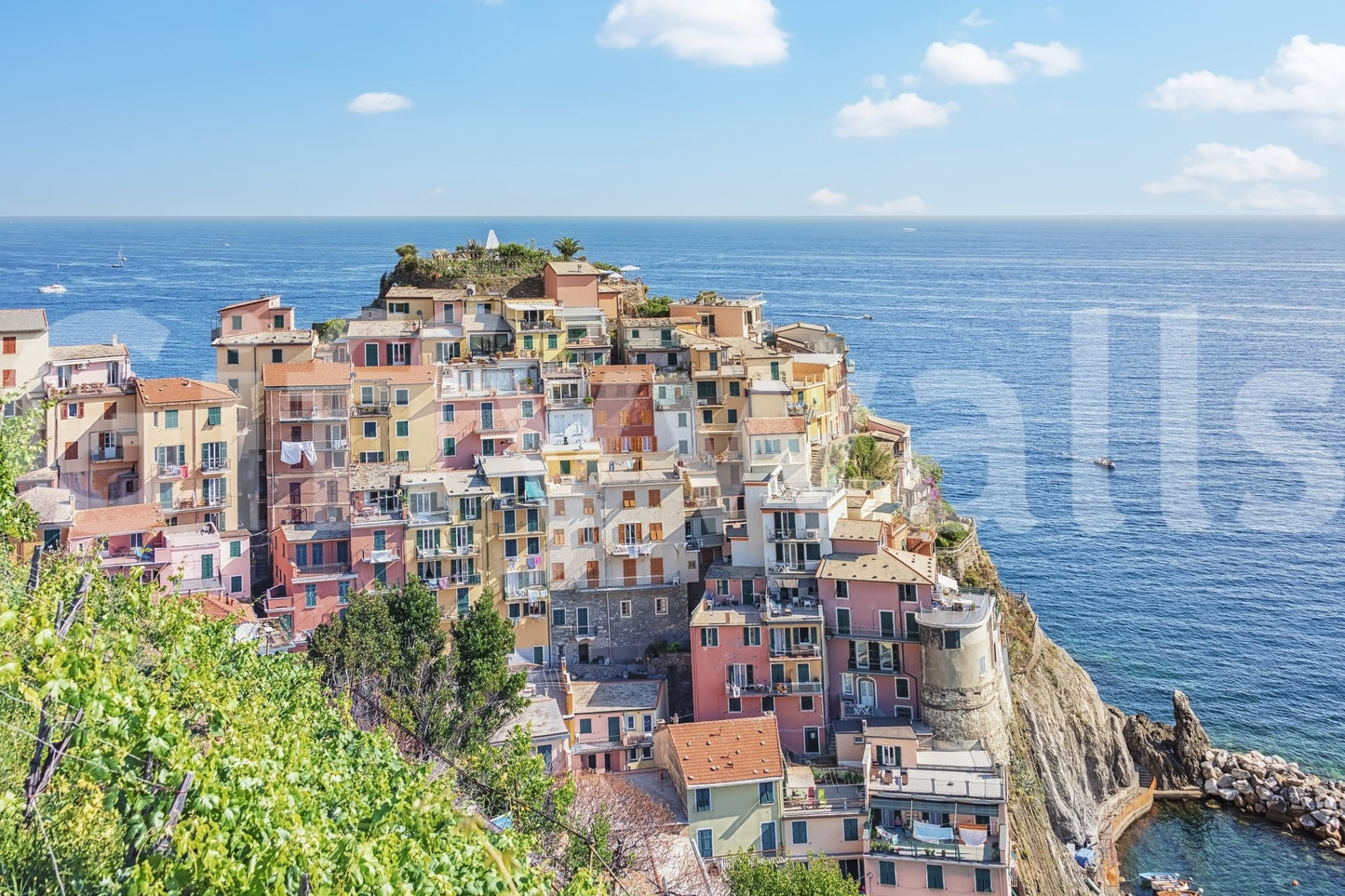 Italian coastline charm mural featuring gentle watercolor wallpaper effects