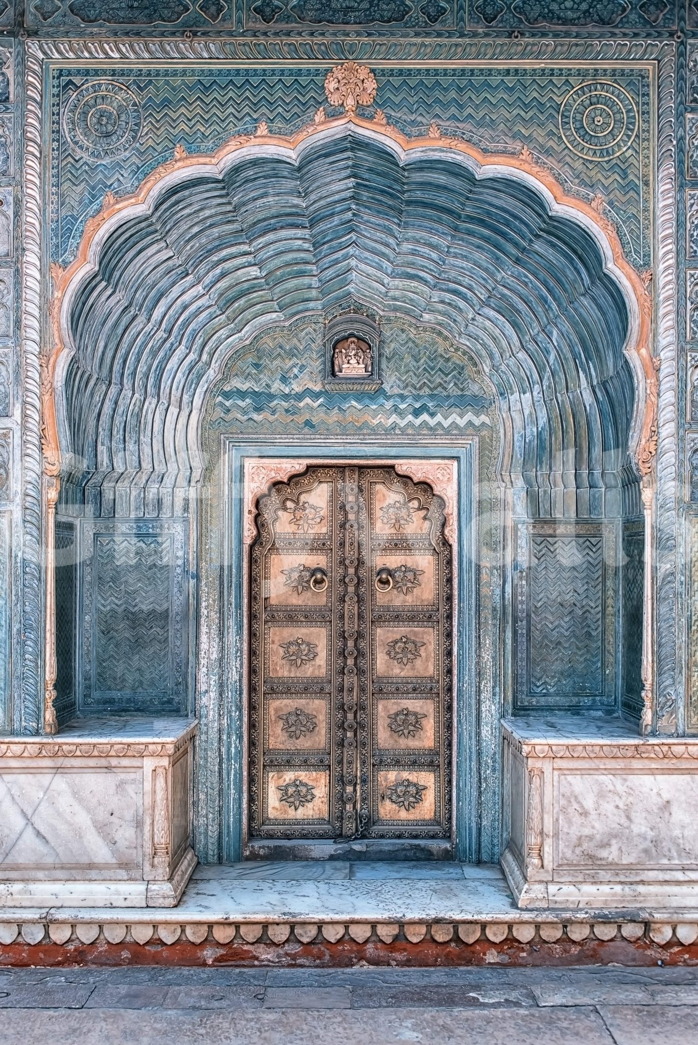 Exquisite Jaipur Archway wallpaper painted Indian archway wooden door graphic.