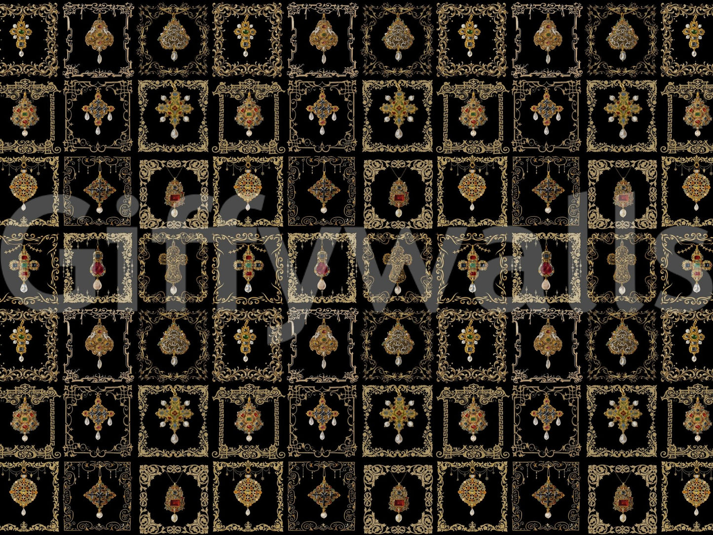 Gold filigree frames enclose gems in the Jeweled Baroque Elegance wall mural.
