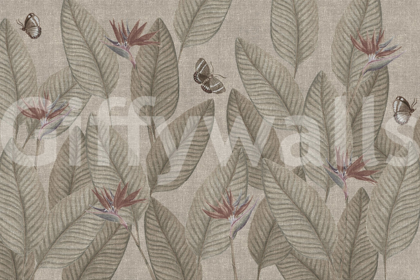Botanical textured wall mural, Jungle Life Muted pattern, elegant nature inspired design.