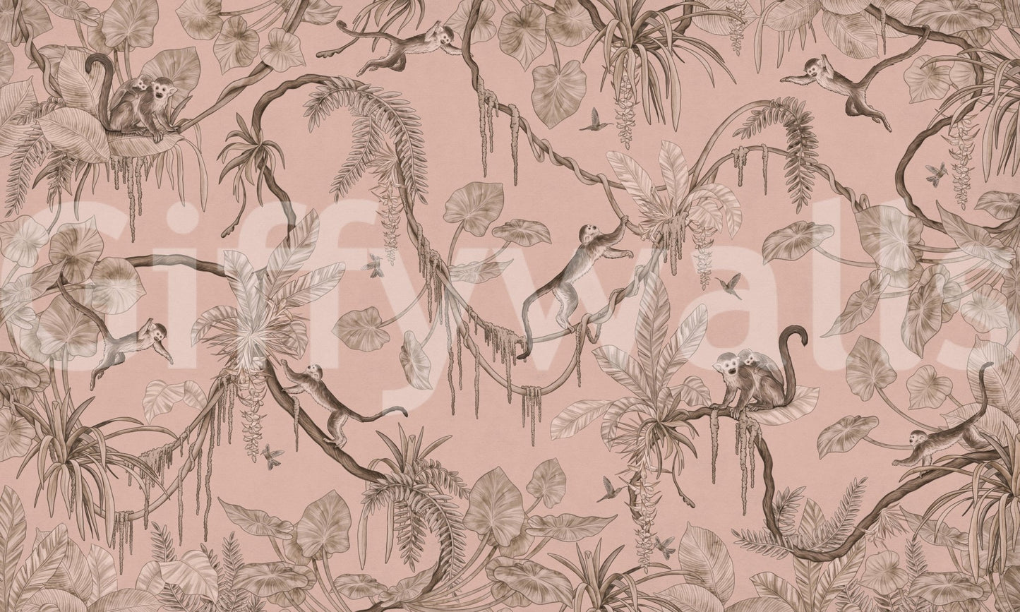 Jungle Serenade wallpaper mural shown as a full-wall blush-pink scene of sepia monkeys, palms and trailing vines