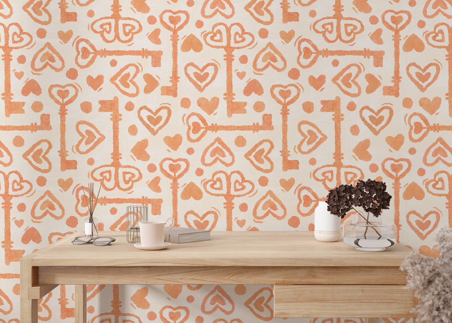 Sweet peach design with hearts and antique keys