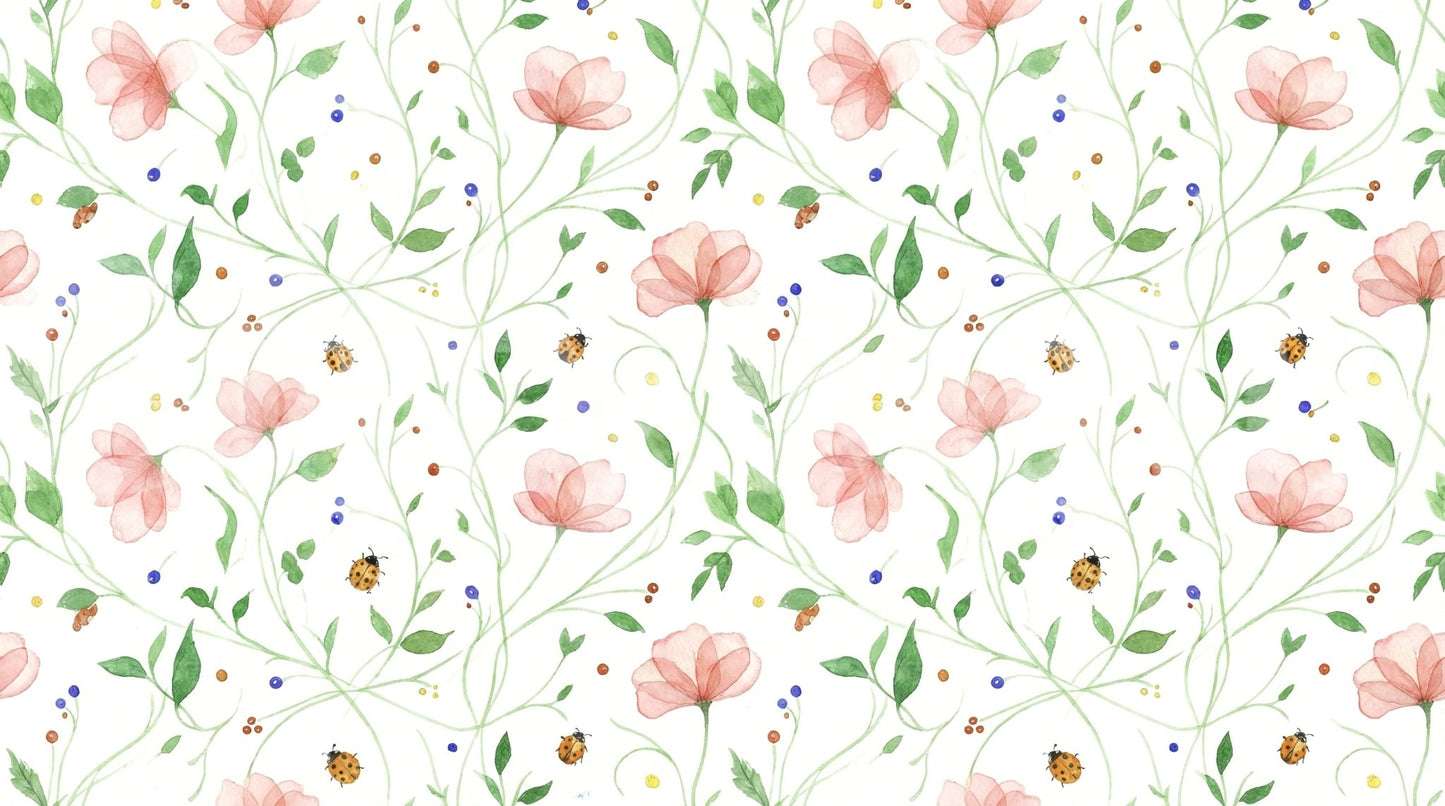 Ladybug Bloom Wall Mural with red ladybugs and white daisies in a modern nursery.