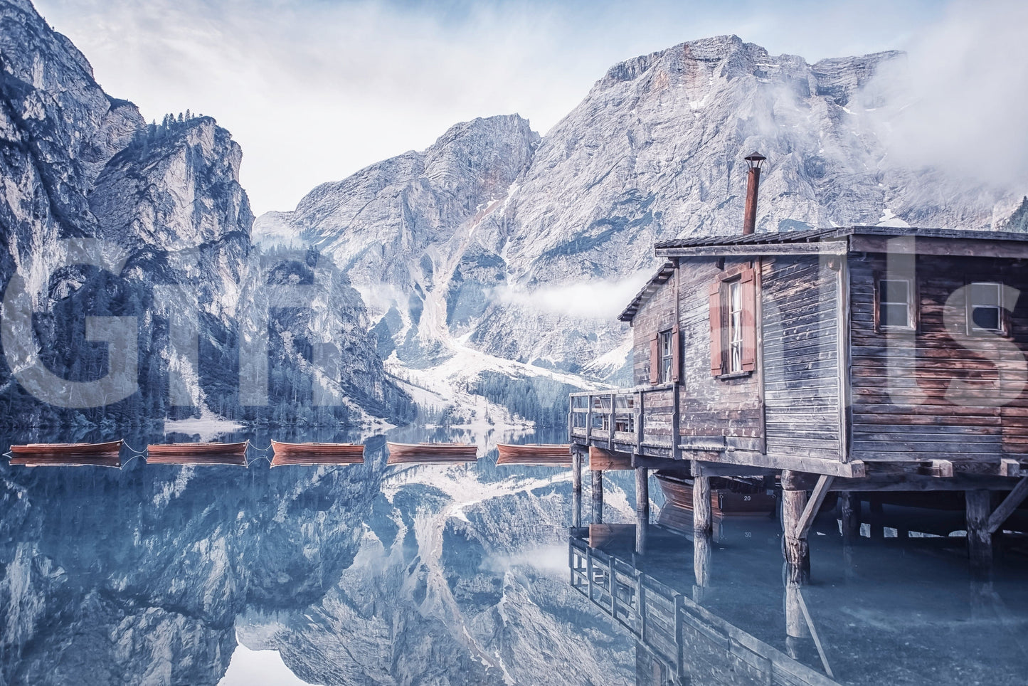 Italian Alps scenery Braies Lake Serenity wall mural.