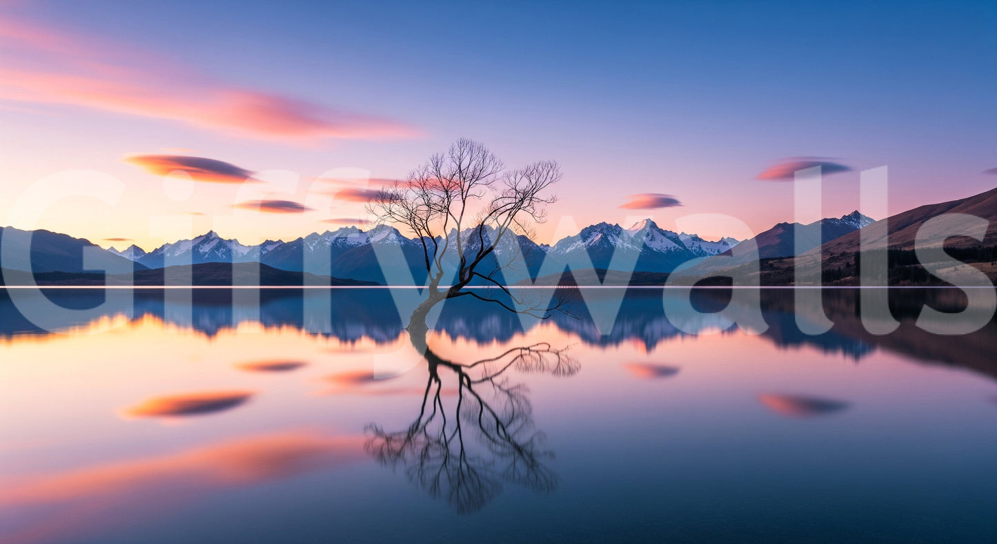Iconic Lake Serenity Dusk wallpaper, beautiful minimalist tree, smooth water surface.