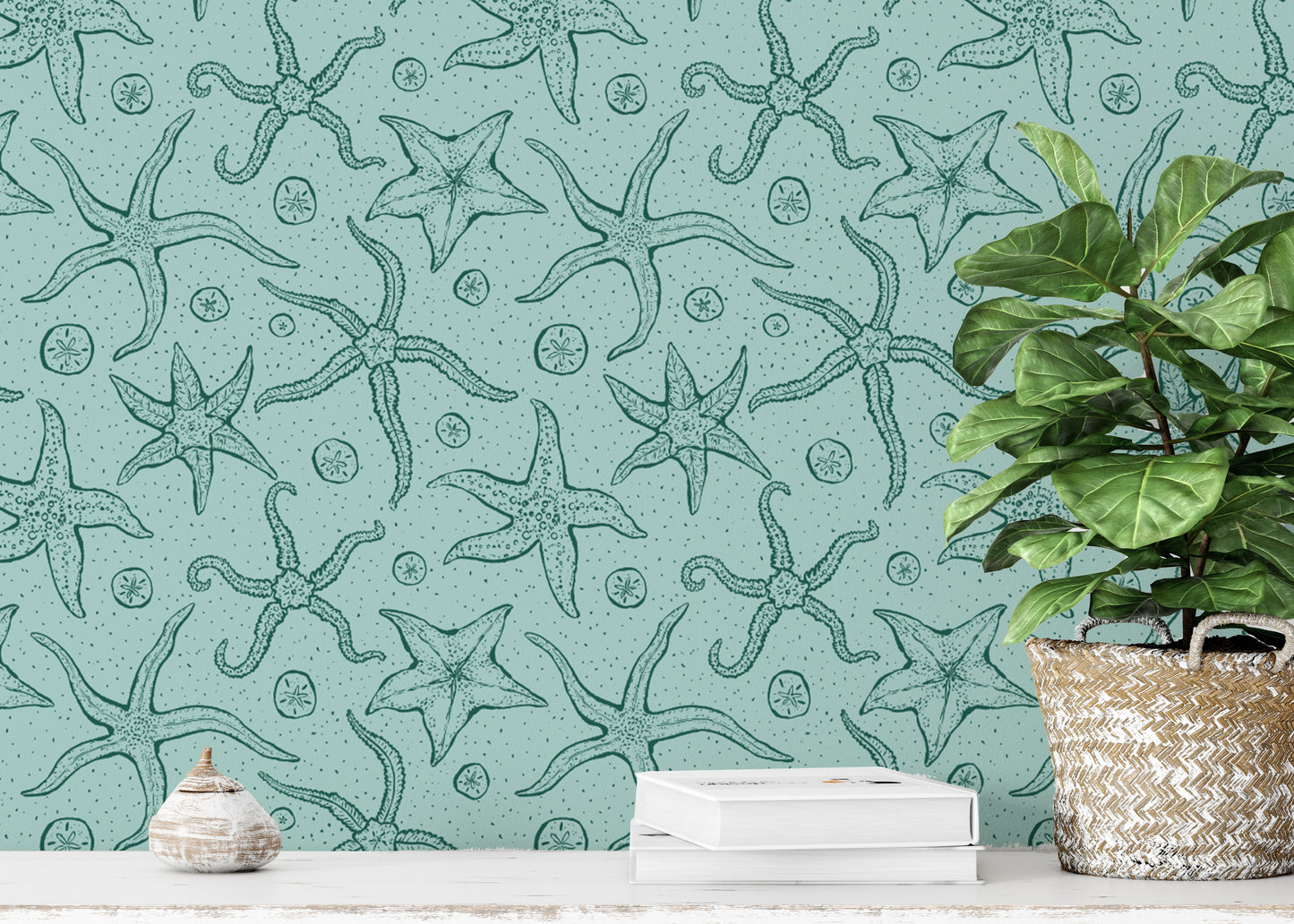 Nature-inspired light blue echinoderms mural for fresh, airy spaces.