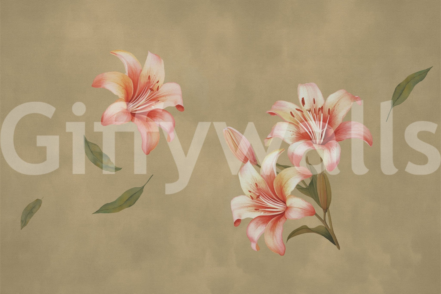 Neutral lounge with lily mural, soft color floral accents
