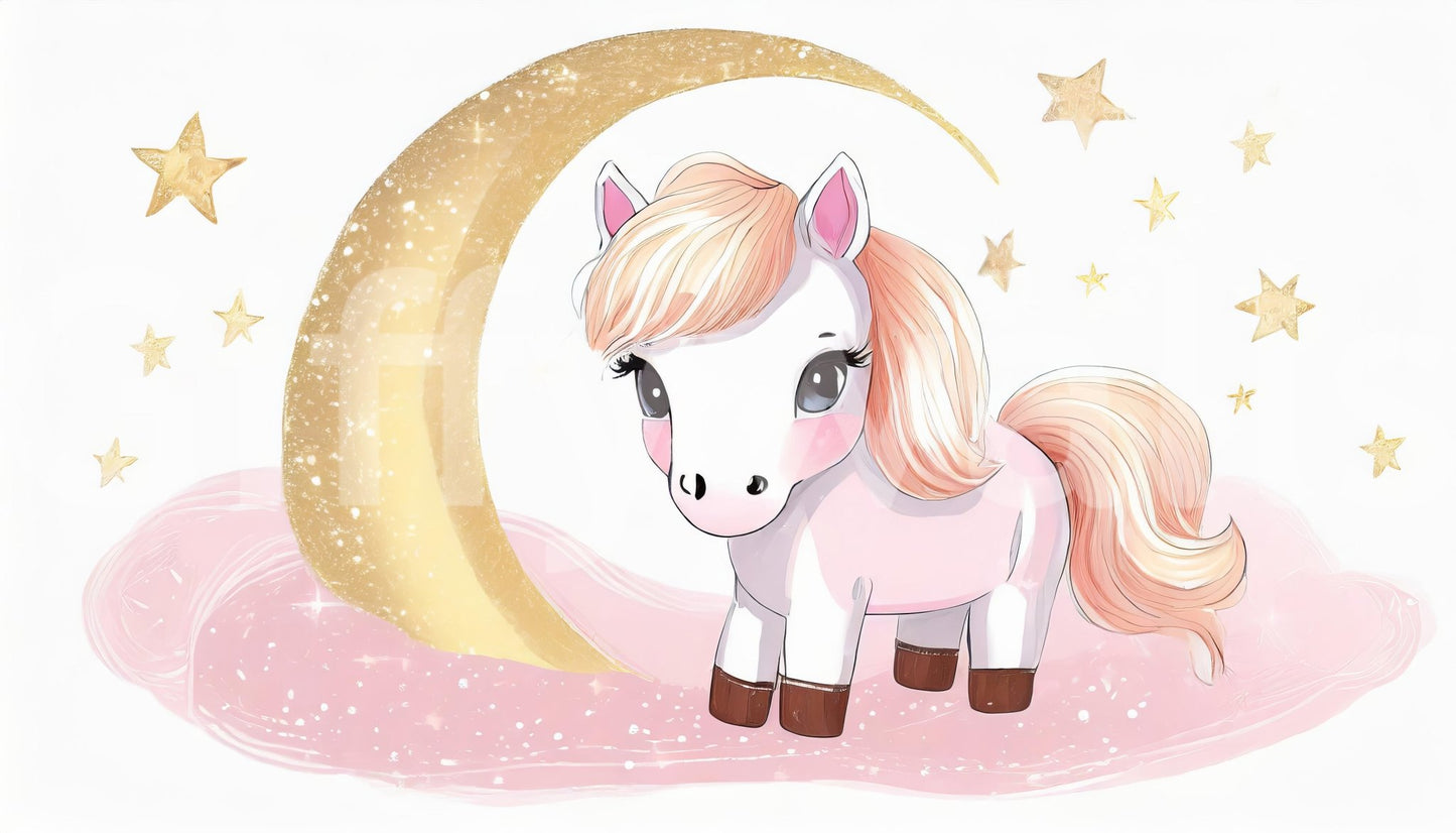 Blush pastel wall mural with pony and celestial stars