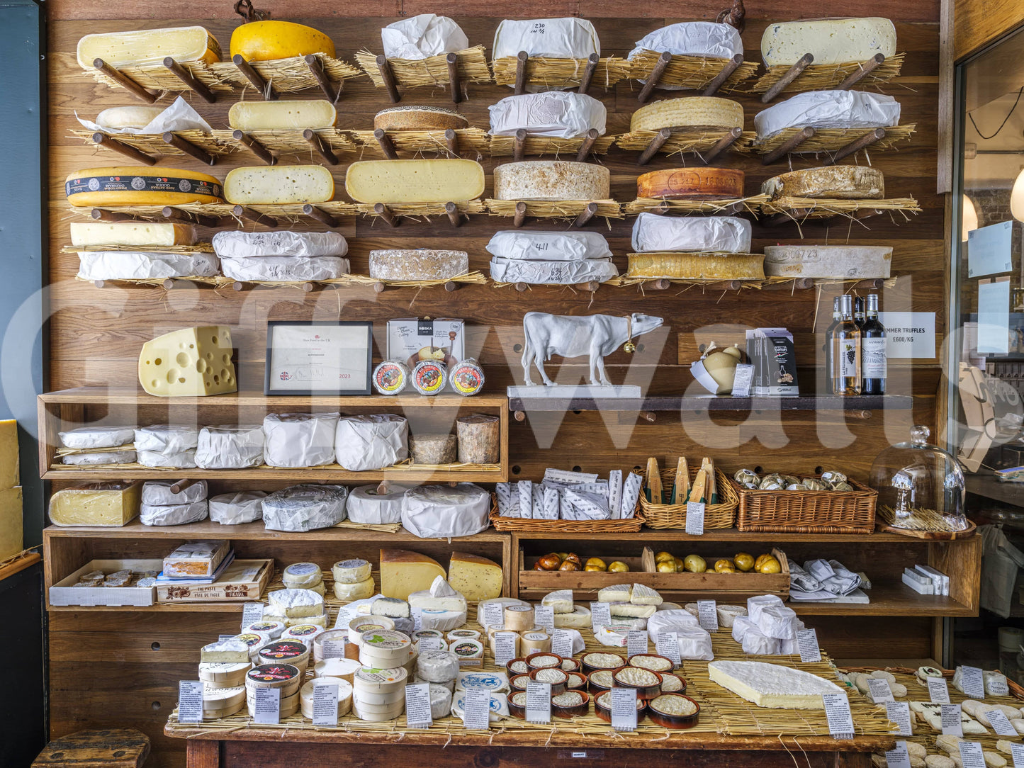 London cheese shop interior mural for bedroom accent wall, calm neutrals, cozy decor