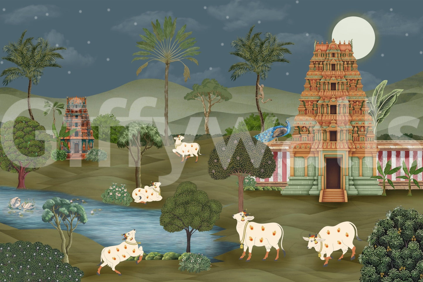 Mandir Majesty wall mural in hallway with architectural art theme