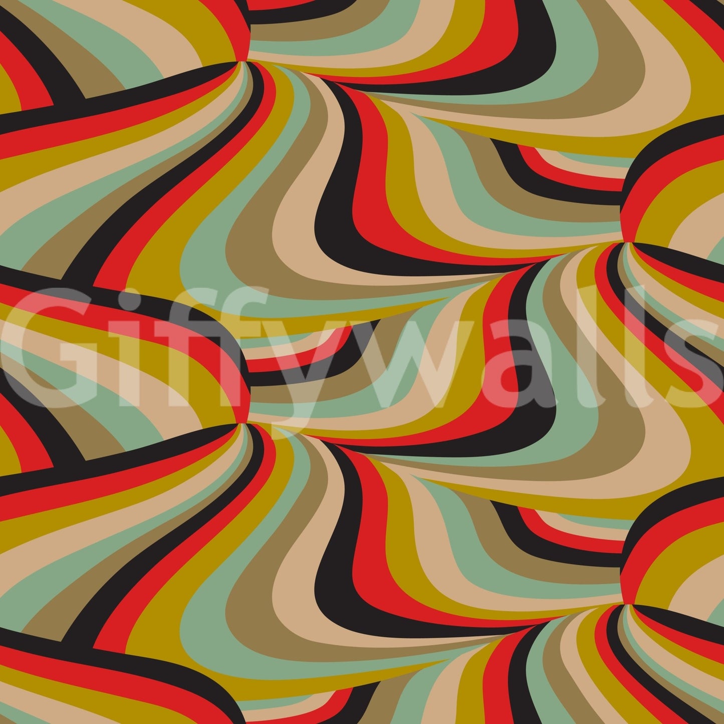 Marble Swirl Groovy Retro Abstract Stripes Colorful Black Red Mustard Mint Brown Cream Wallpaper