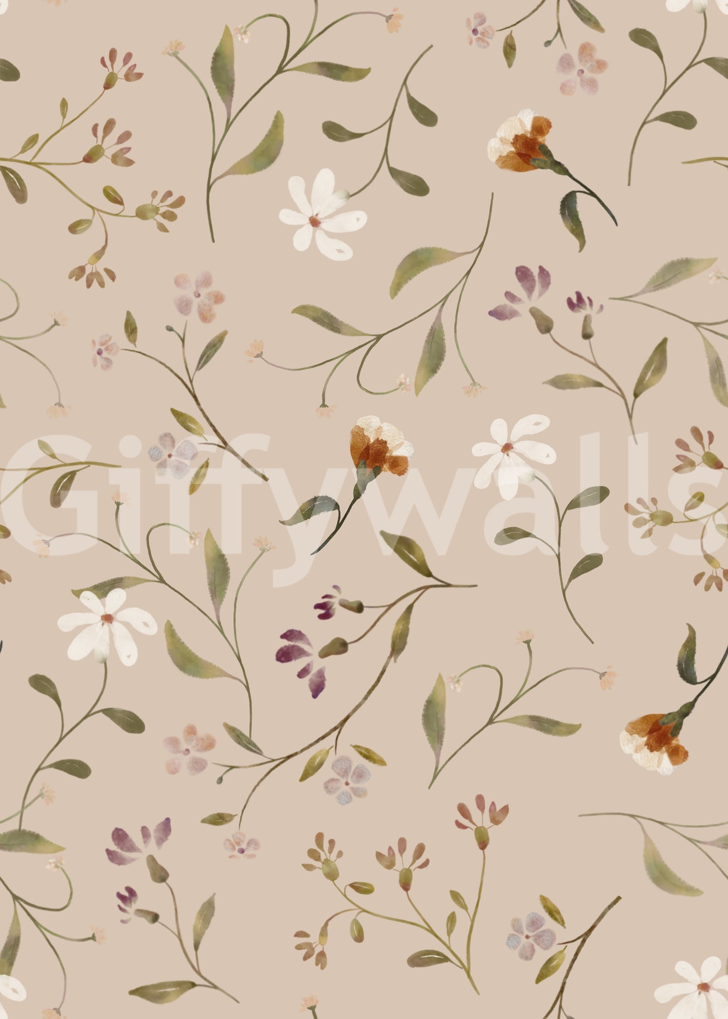 Memories in Petals Cream wallpaper close-up showing watercolor daisies and orange blooms on a soft beige pattern