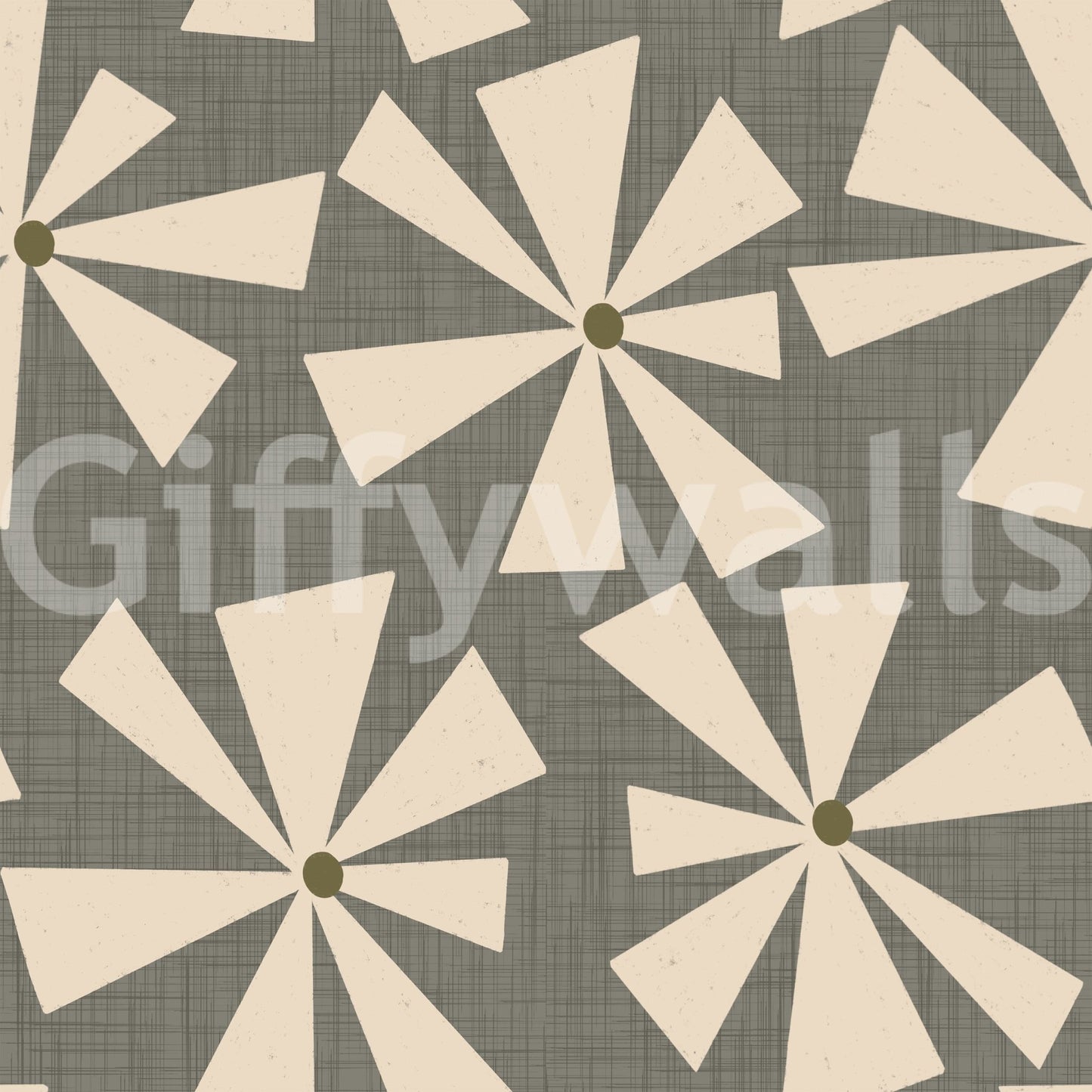 Abstract mid-century floral wallpaper with textured green background and cream blossoms.