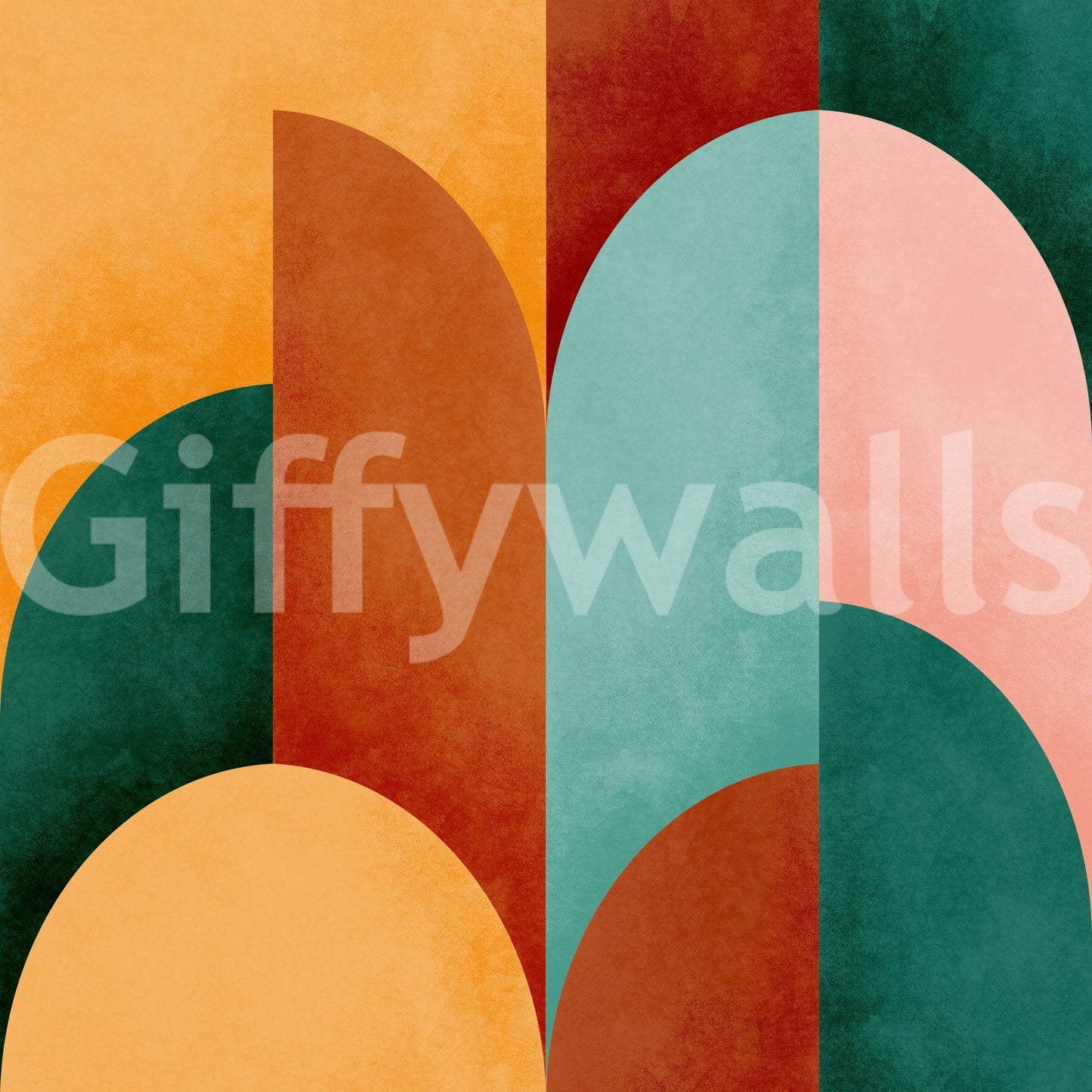 Mid Mod Geometry Sunburn wallpaper close-up showing the arch pattern in mustard, rust, teal and soft pink
