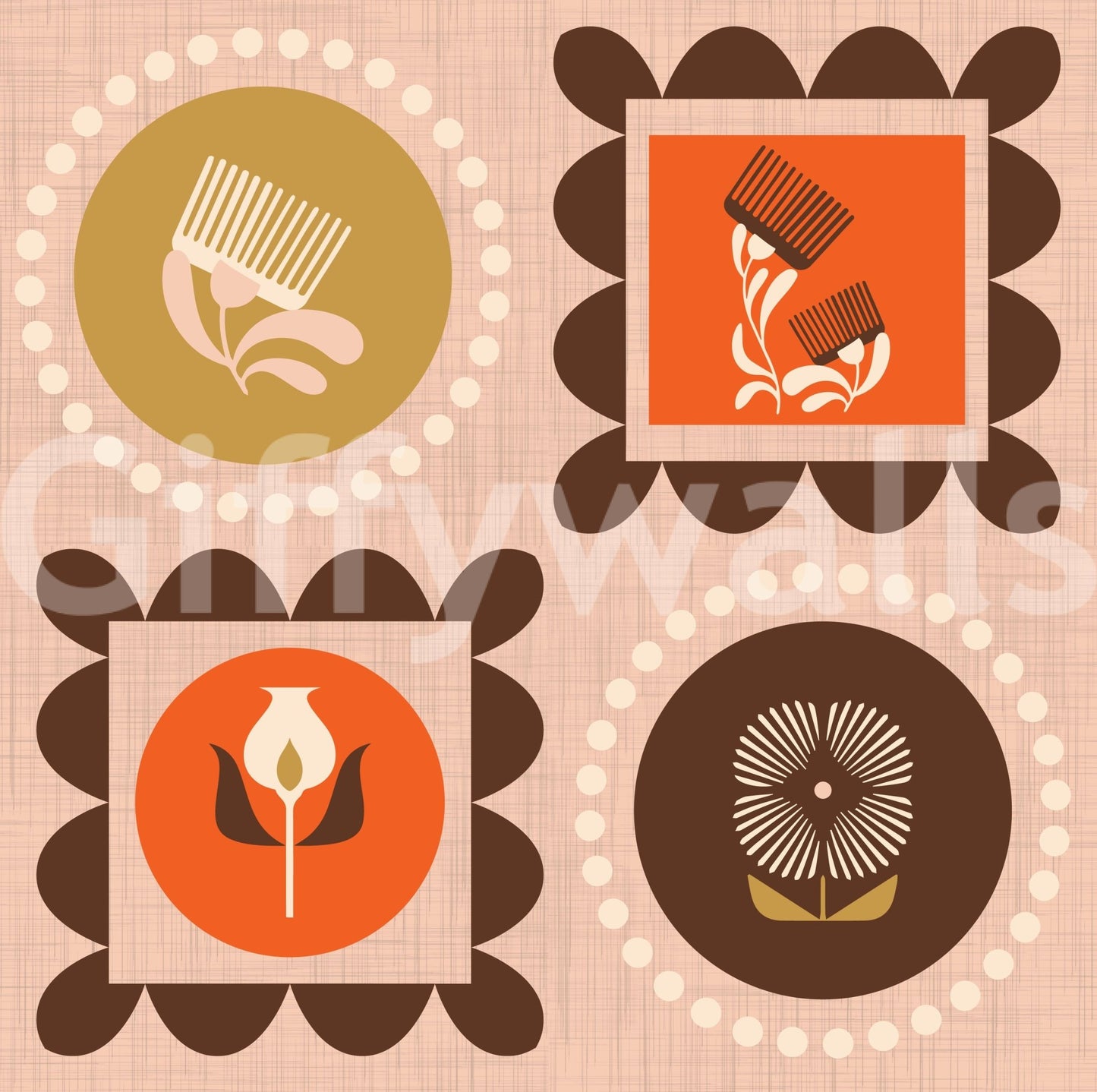 Mid Mod Wildflower Frames - Botanical Collage Ocher Terracotta Wallpaper