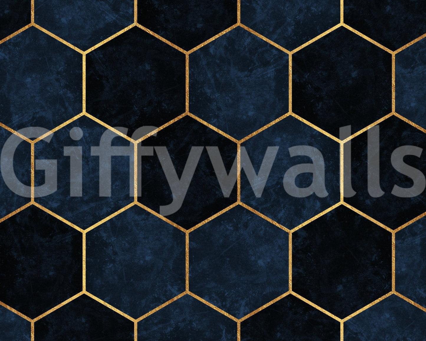 Metallic-accented hexagon wall mural in luxurious midnight blue.