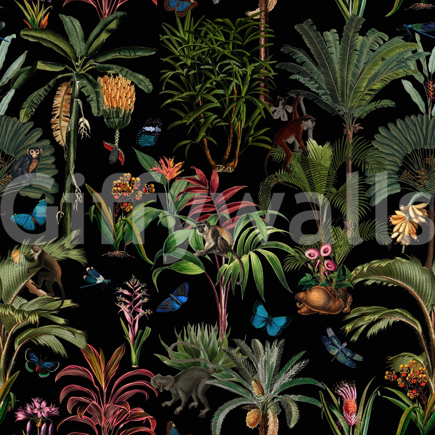 Exotic flora and fauna wallpaper perfect for creating a bold, dramatic look.