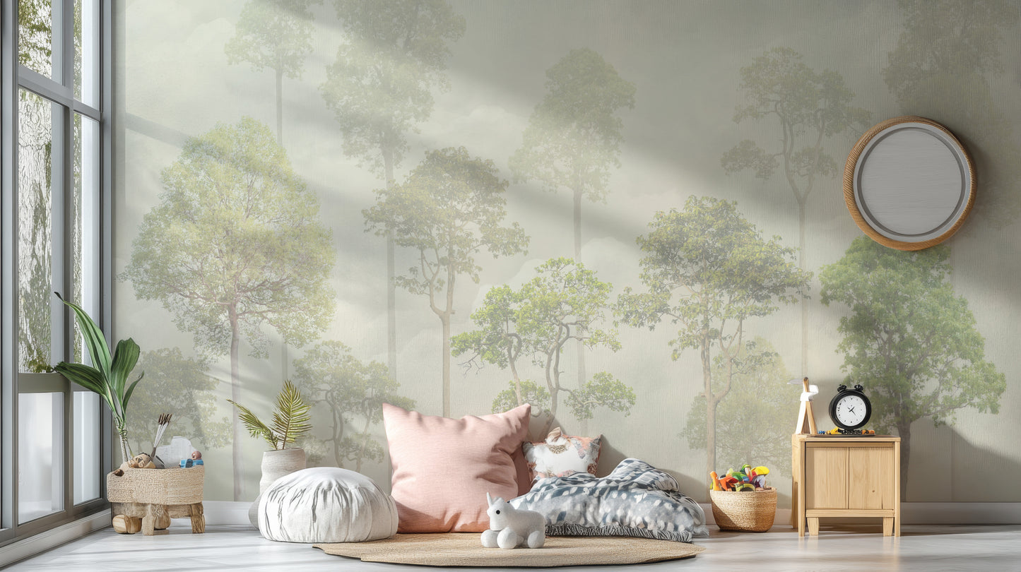 Misty Forest Green wallpaper of foggy trees above a floor cushion nook with pink pillow and jute rug